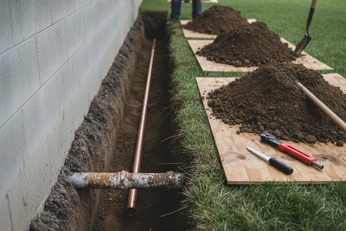 Excavated water line trench during Water Softener Installation in Cobbtown